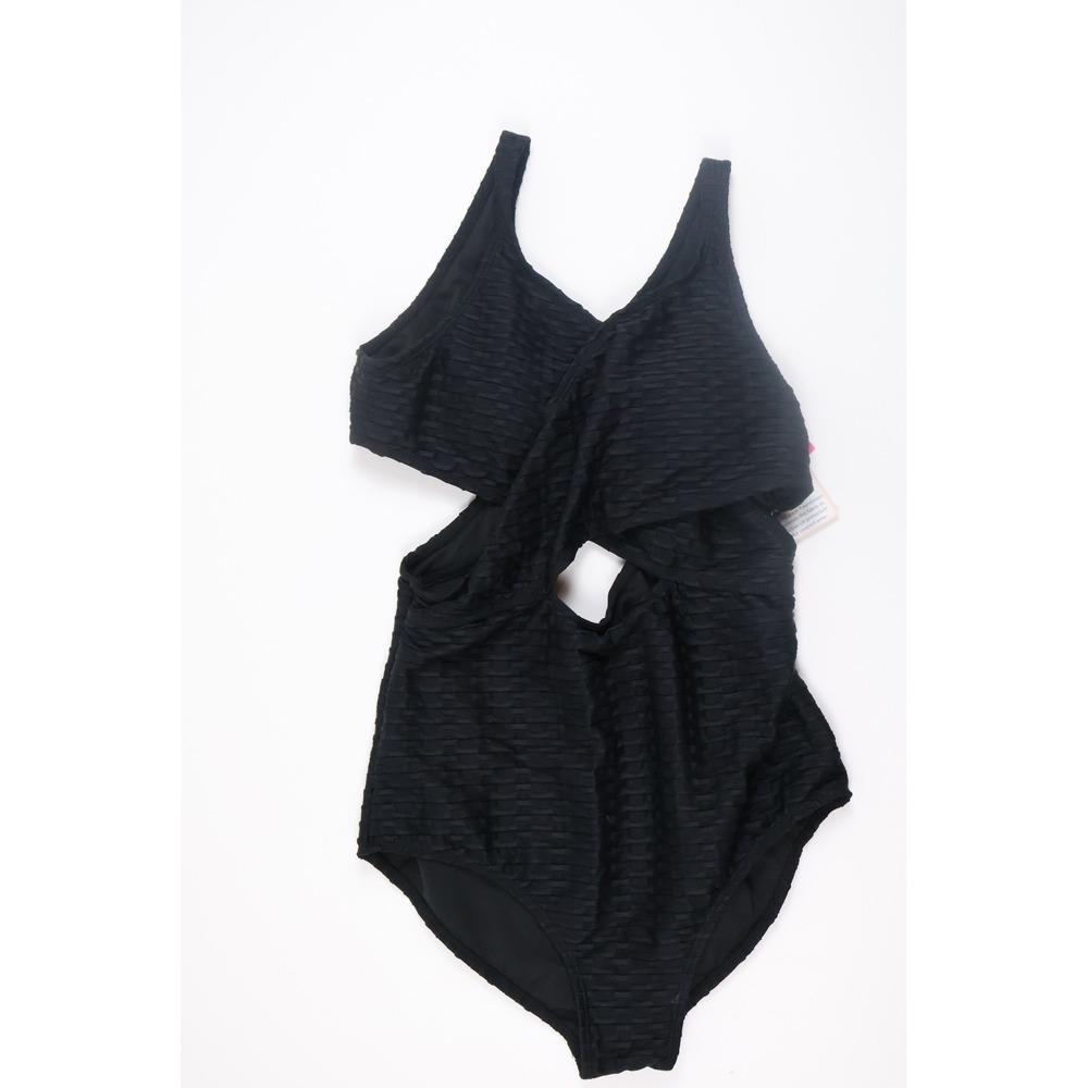 Andy & Evan Swimsuit Crisscross One-Piece Black Textured Size L 12/14 NWT